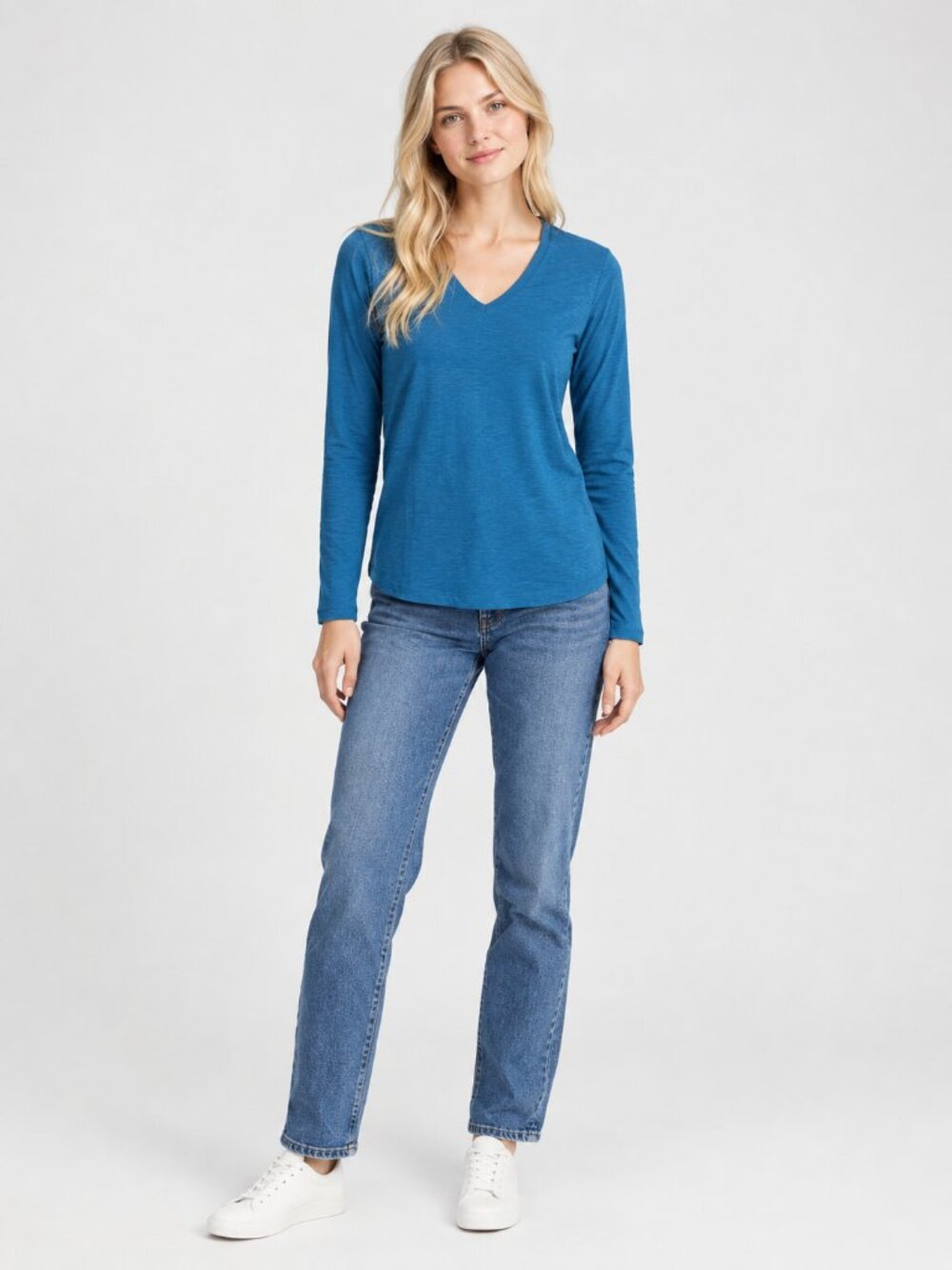 2/$30 Lands' End Relaxed Long Sleeve V-Neck Tee Deep Sea Small #A4892
